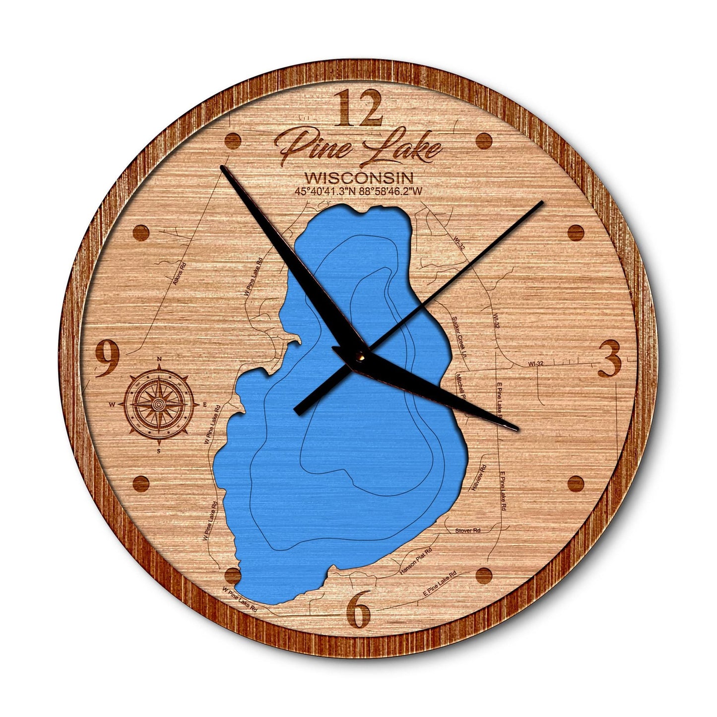 Pine Lake, Wisconsin 14in Layered Map Clock - Any Lake, Pond, or Reservoir - Unique Home Decor