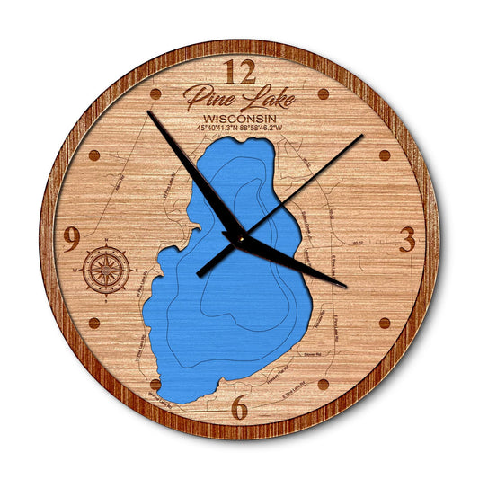 Pine Lake, Wisconsin 14in Layered Map Clock - Any Lake, Pond, or Reservoir - Unique Home Decor