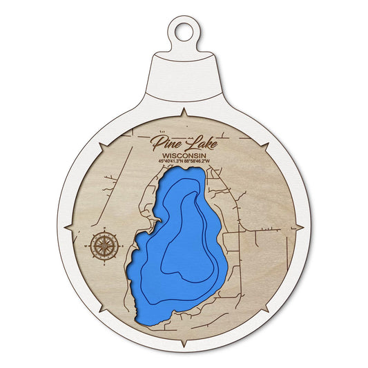 Pine Lake, Wisconsin Custom 3D Layered Wood Lake Map Ornament | Handcrafted Bathymetric Art