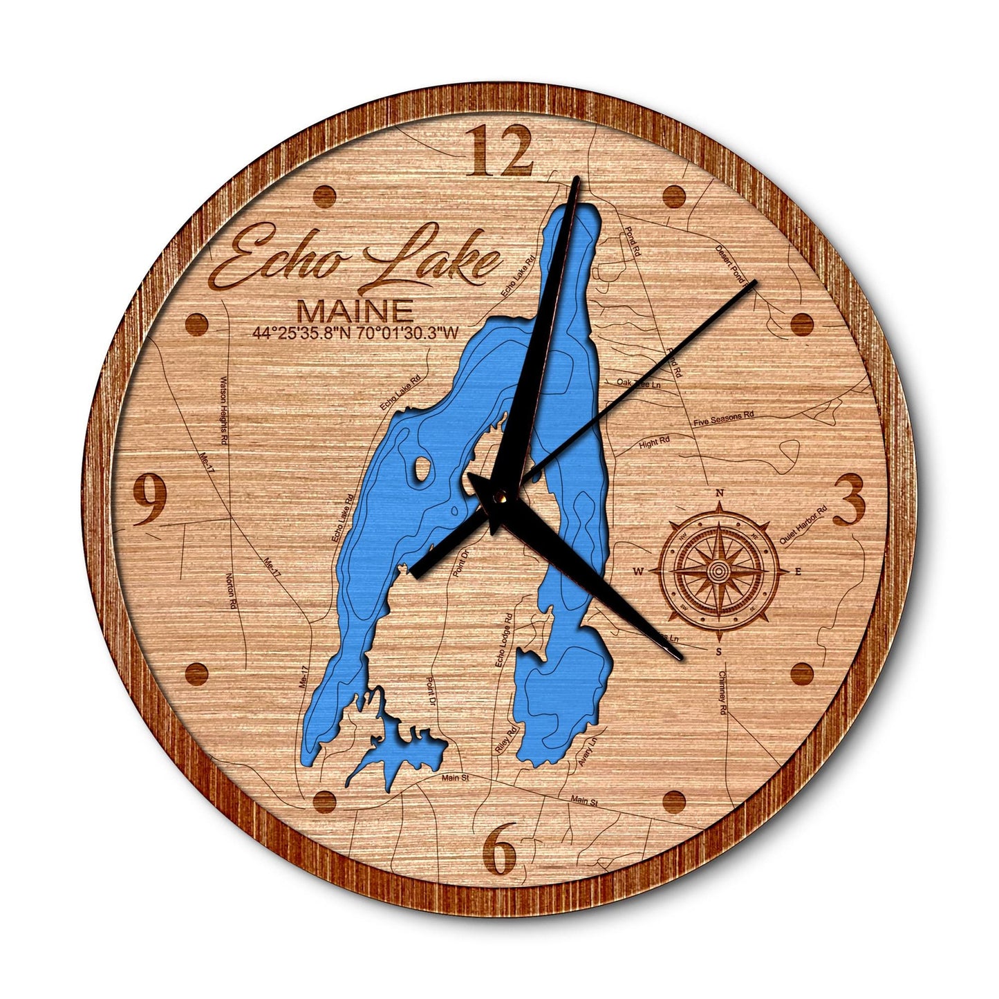 Echo Lake in Readfield, Maine 14in Layered Map Clock - Any Lake, Pond, or Reservoir - Unique Home Decor