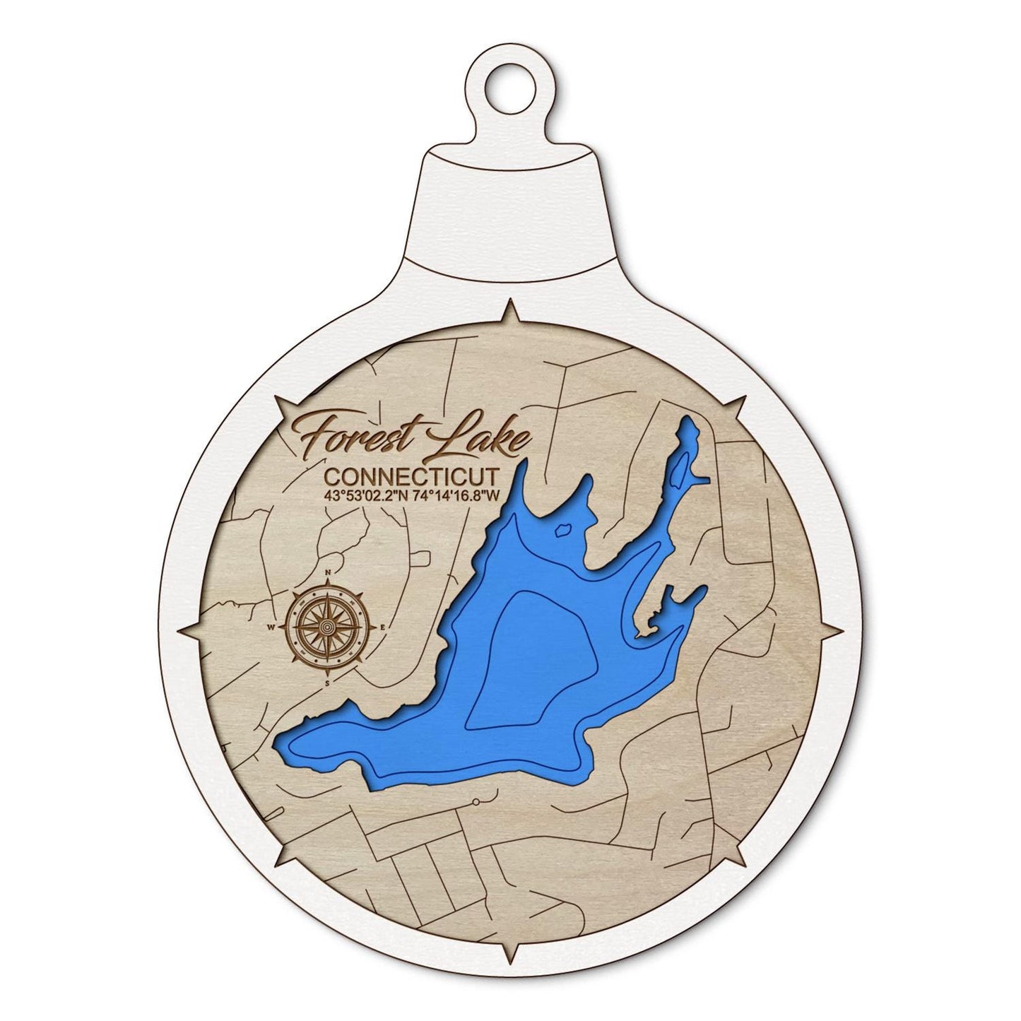 Forest Lake, Connecticut Custom 3D Layered Wood Lake Map Ornament | Handcrafted Bathymetric Art