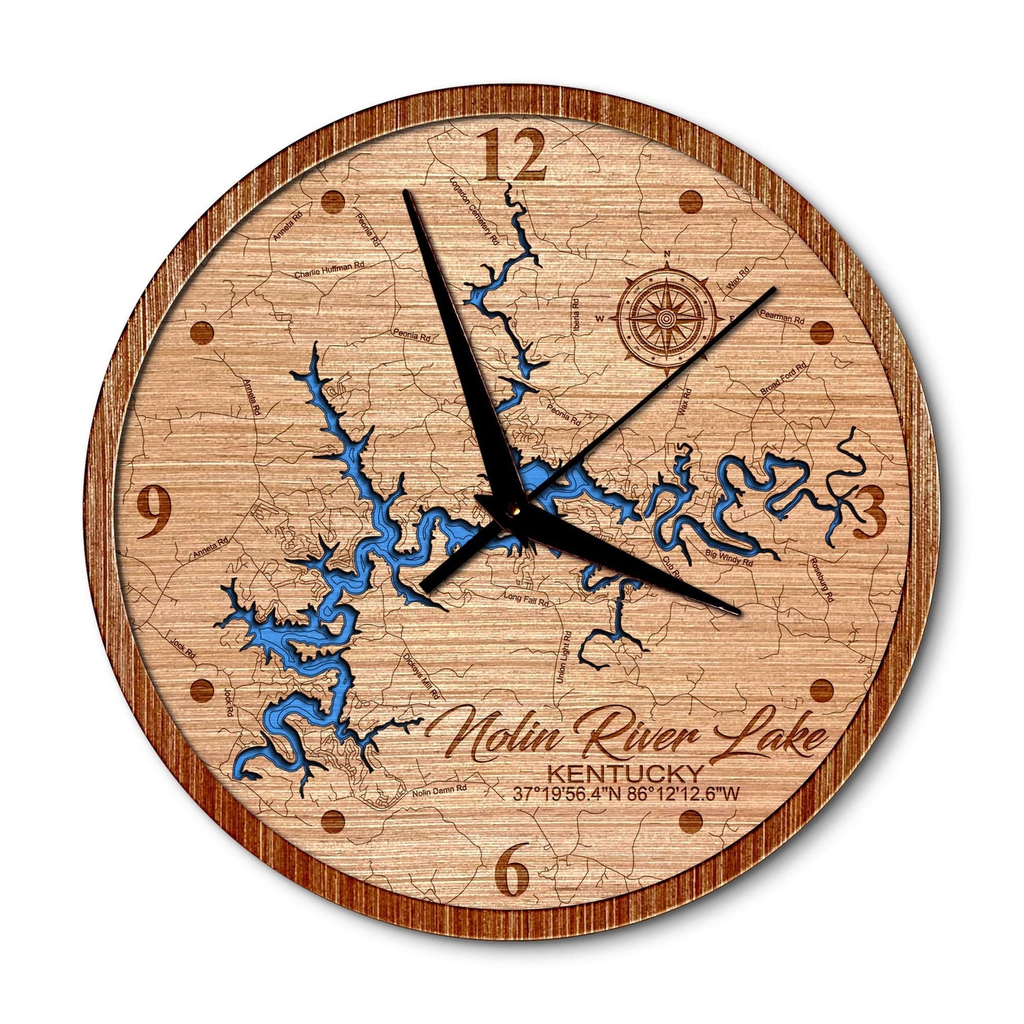 Nolin River Lake, Kentucky 14in Layered Map Clock - Any Lake, Pond, or Reservoir - Unique Home Decor