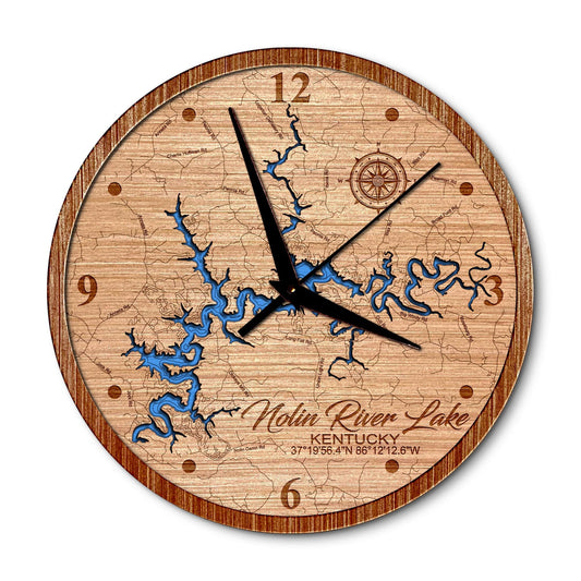 Nolin River Lake, Kentucky 14in Layered Map Clock - Any Lake, Pond, or Reservoir - Unique Home Decor