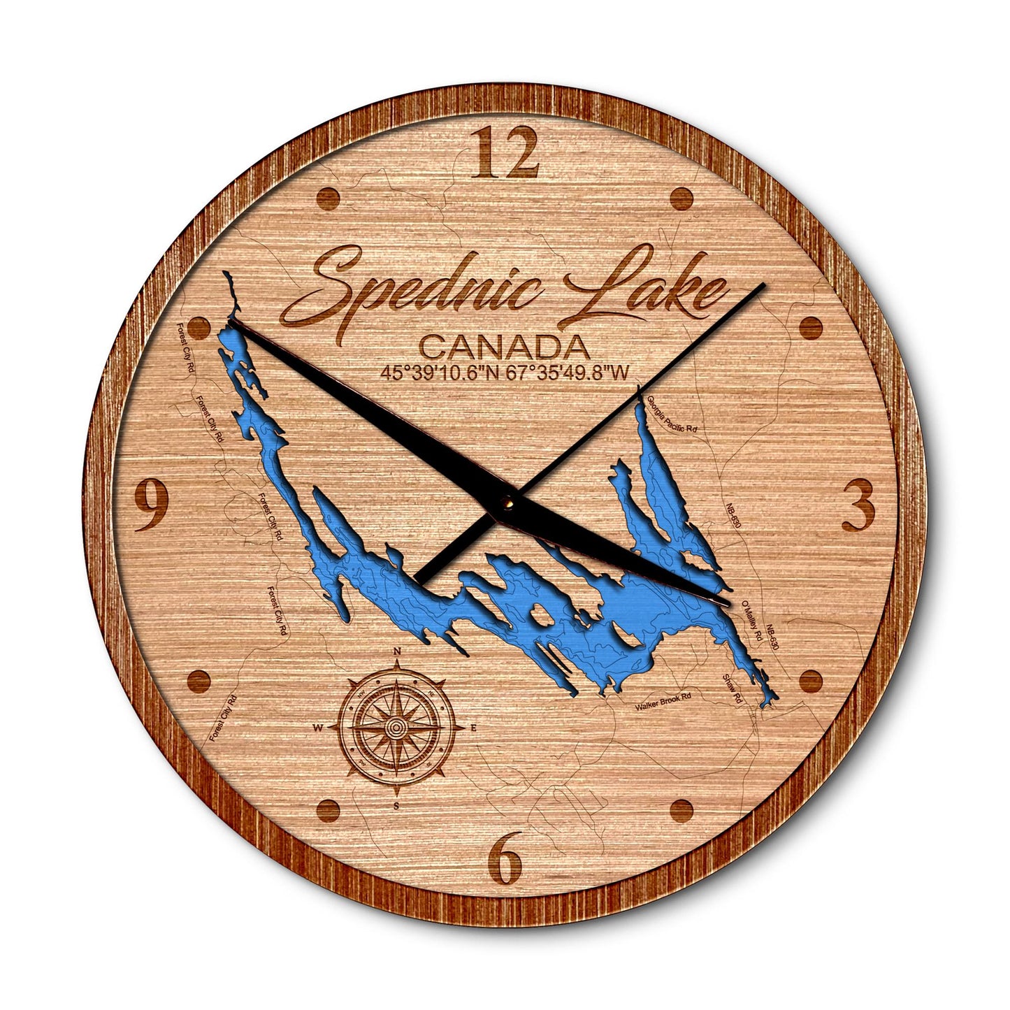Spednic Lake in New Brunswick, Canada 14in Layered Map Clock - Any Lake, Pond, or Reservoir - Unique Home Decor