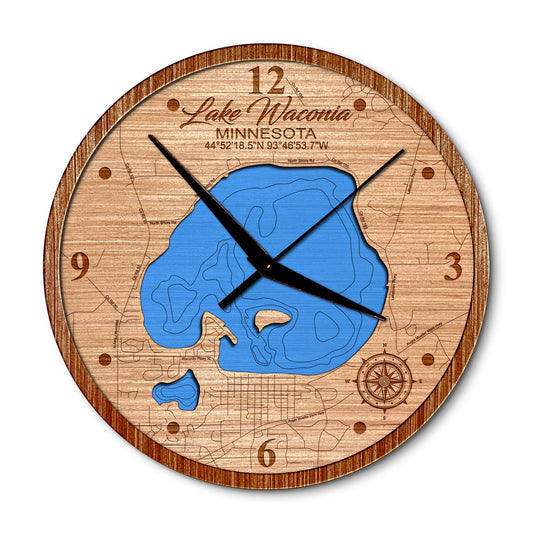 Lake Waconia, Minnesota 14in Layered Map Clock - Any Lake, Pond, or Reservoir - Unique Home Decor