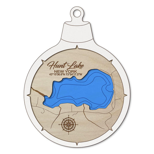 Hunt Lake, New York Custom 3D Layered Wood Lake Map Ornament | Handcrafted Bathymetric Art