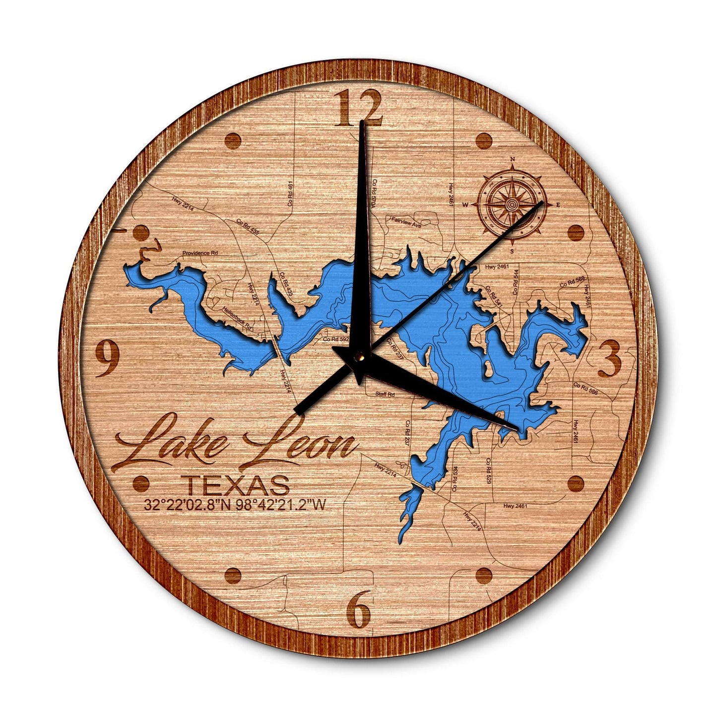 Lake Leon, Texas 14in Layered Map Clock - Any Lake, Pond, or Reservoir - Unique Home Decor