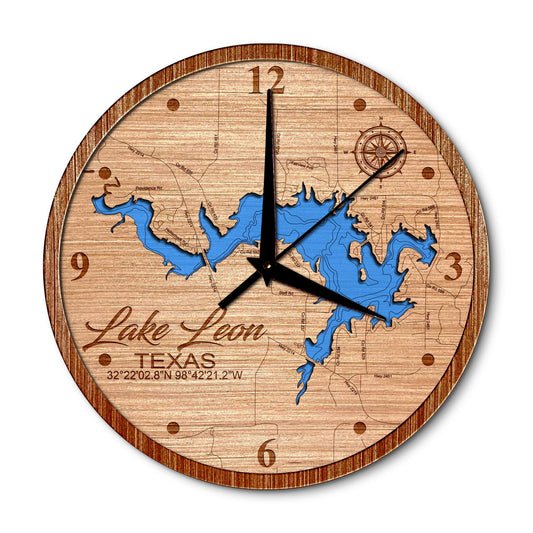 Lake Leon, Texas 14in Layered Map Clock - Any Lake, Pond, or Reservoir - Unique Home Decor