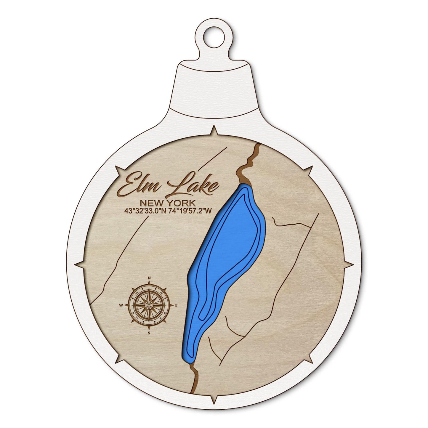Elm Lake in Speculator, New York Custom 3D Layered Wood Lake Map Ornament | Handcrafted Bathymetric Art