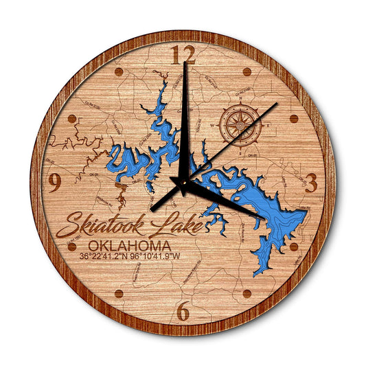 Skiatook Lake, Oklahoma 14in Layered Map Clock - Any Lake, Pond, or Reservoir - Unique Home Decor