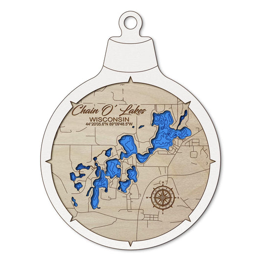Chain O' Lakes, Wisconsin Custom 3D Layered Wood Lake Map Ornament | Handcrafted Bathymetric Art