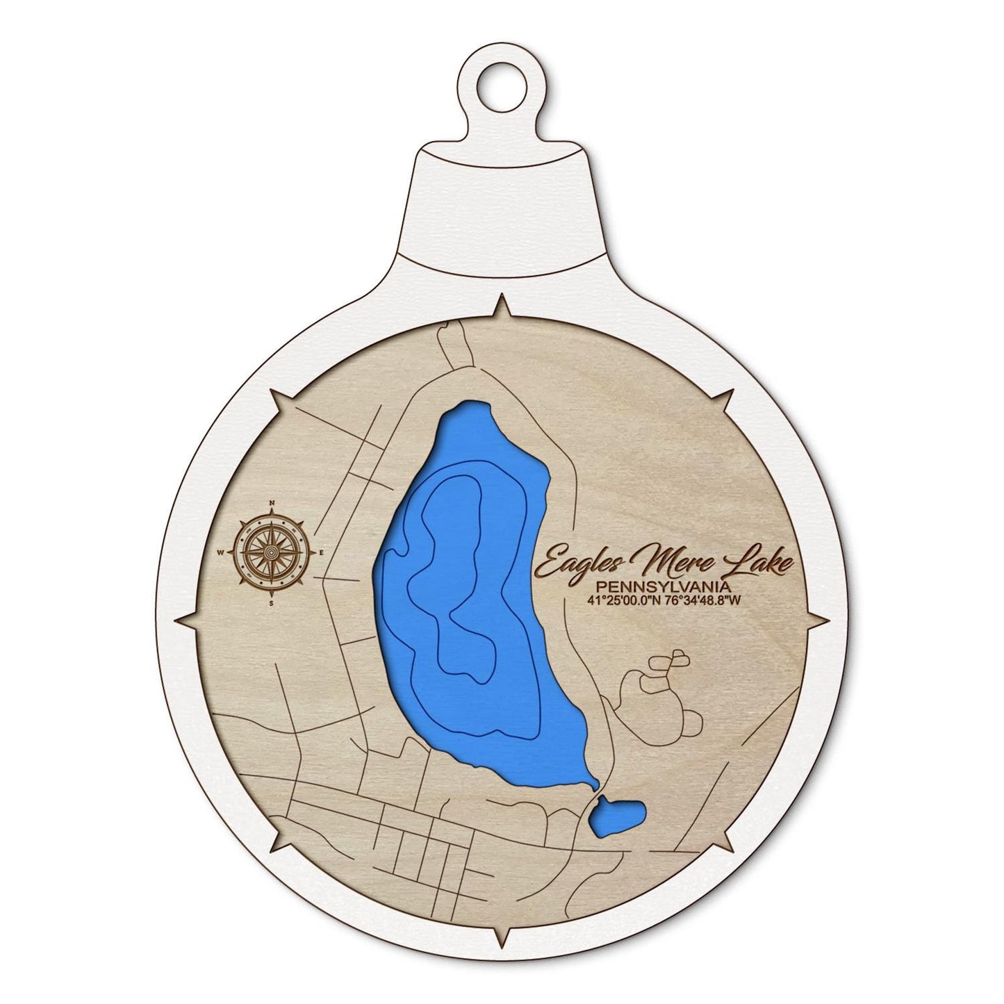Eagles Mere Lake, Pennsylvania Custom 3D Layered Wood Lake Map Ornament | Handcrafted Bathymetric Art