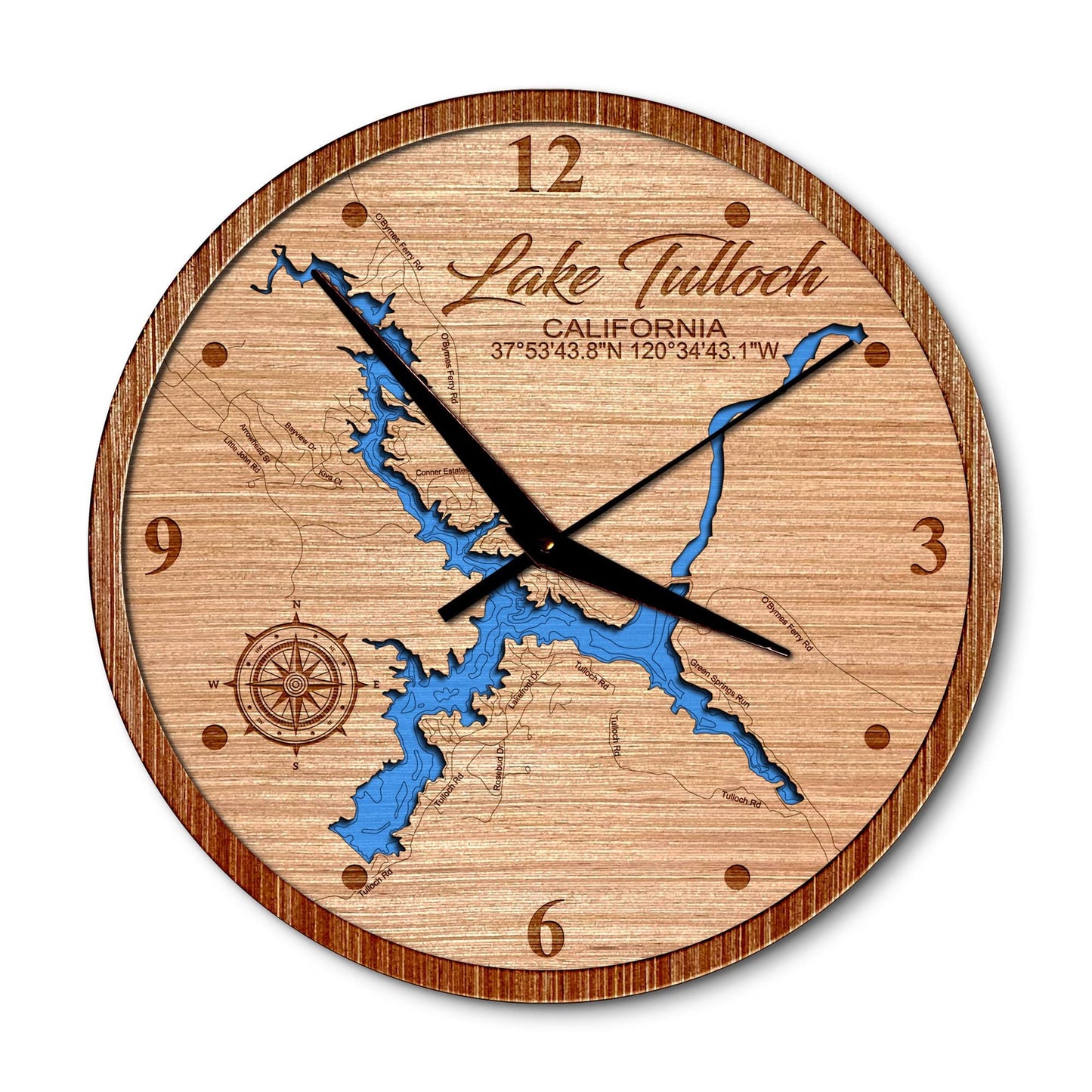 Lake Tulloch, California 14in Layered Map Clock - Any Lake, Pond, or Reservoir - Unique Home Decor