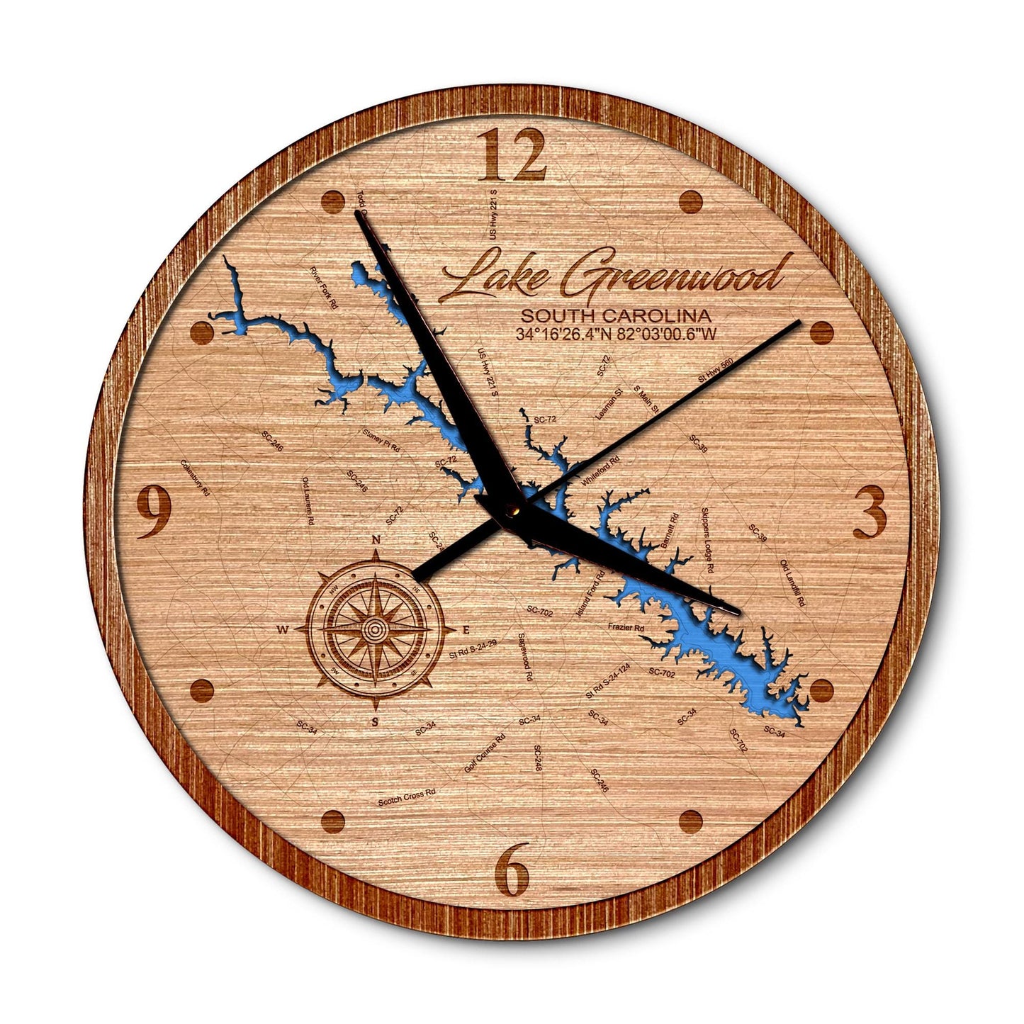 Lake Greenwood, South Carolina 14in Layered Map Clock - Any Lake, Pond, or Reservoir - Unique Home Decor