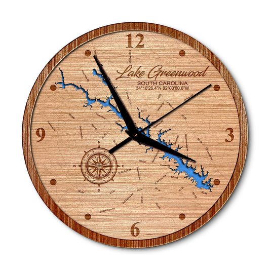 Lake Greenwood, South Carolina 14in Layered Map Clock - Any Lake, Pond, or Reservoir - Unique Home Decor