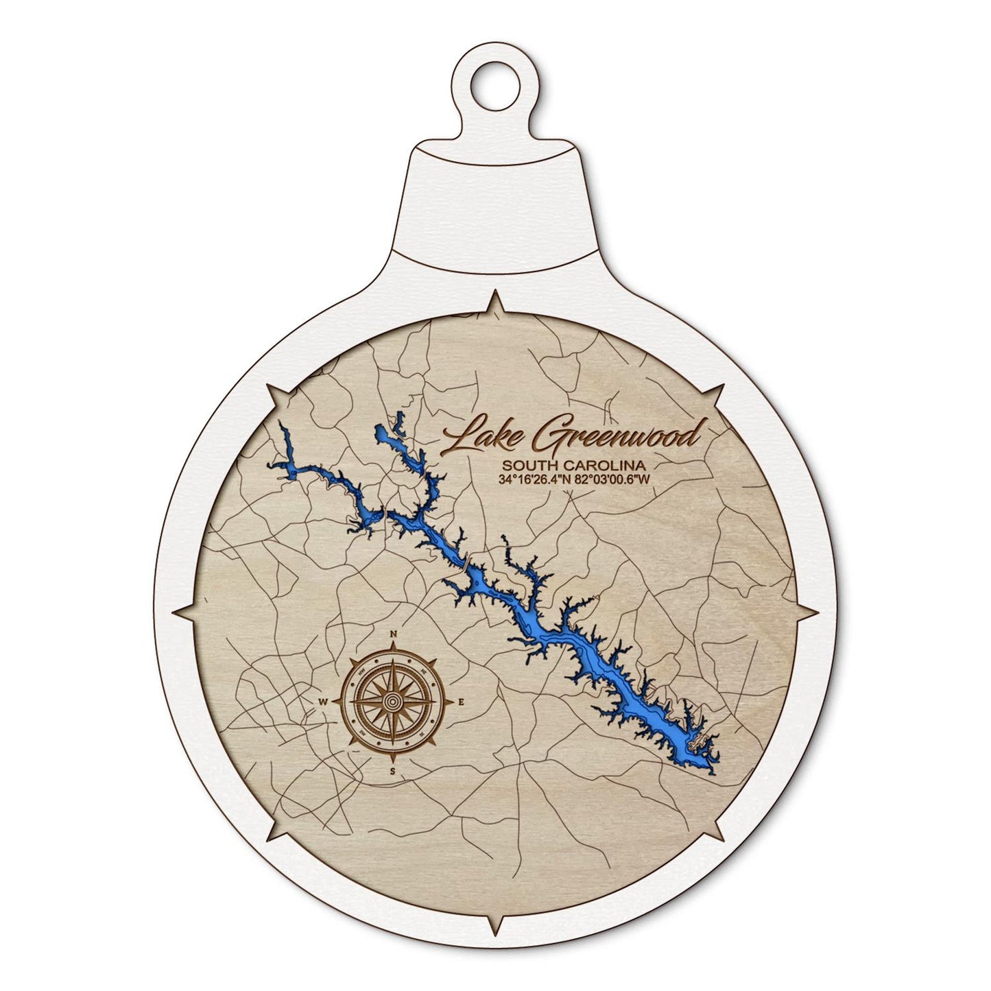 Lake Greenwood, South Carolina Custom 3D Layered Wood Lake Map Ornament | Handcrafted Bathymetric Art