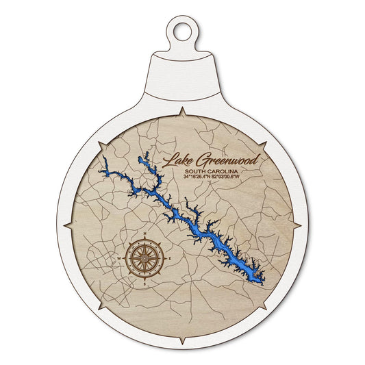 Lake Greenwood, South Carolina Custom 3D Layered Wood Lake Map Ornament | Handcrafted Bathymetric Art