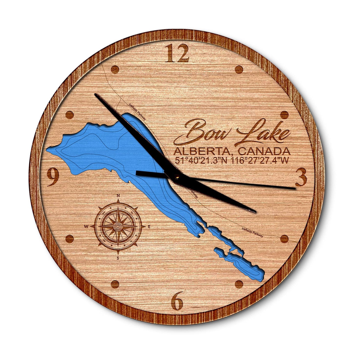 Bow Lake, Canada 14in Layered Map Clock - Any Lake, Pond, or Reservoir - Unique Home Decor