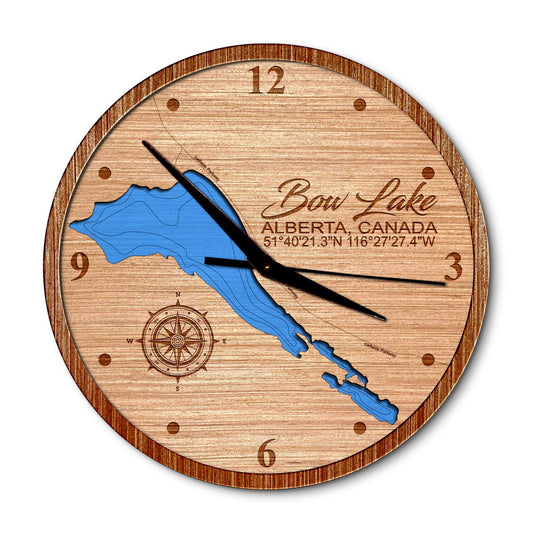 Bow Lake, Canada 14in Layered Map Clock - Any Lake, Pond, or Reservoir - Unique Home Decor