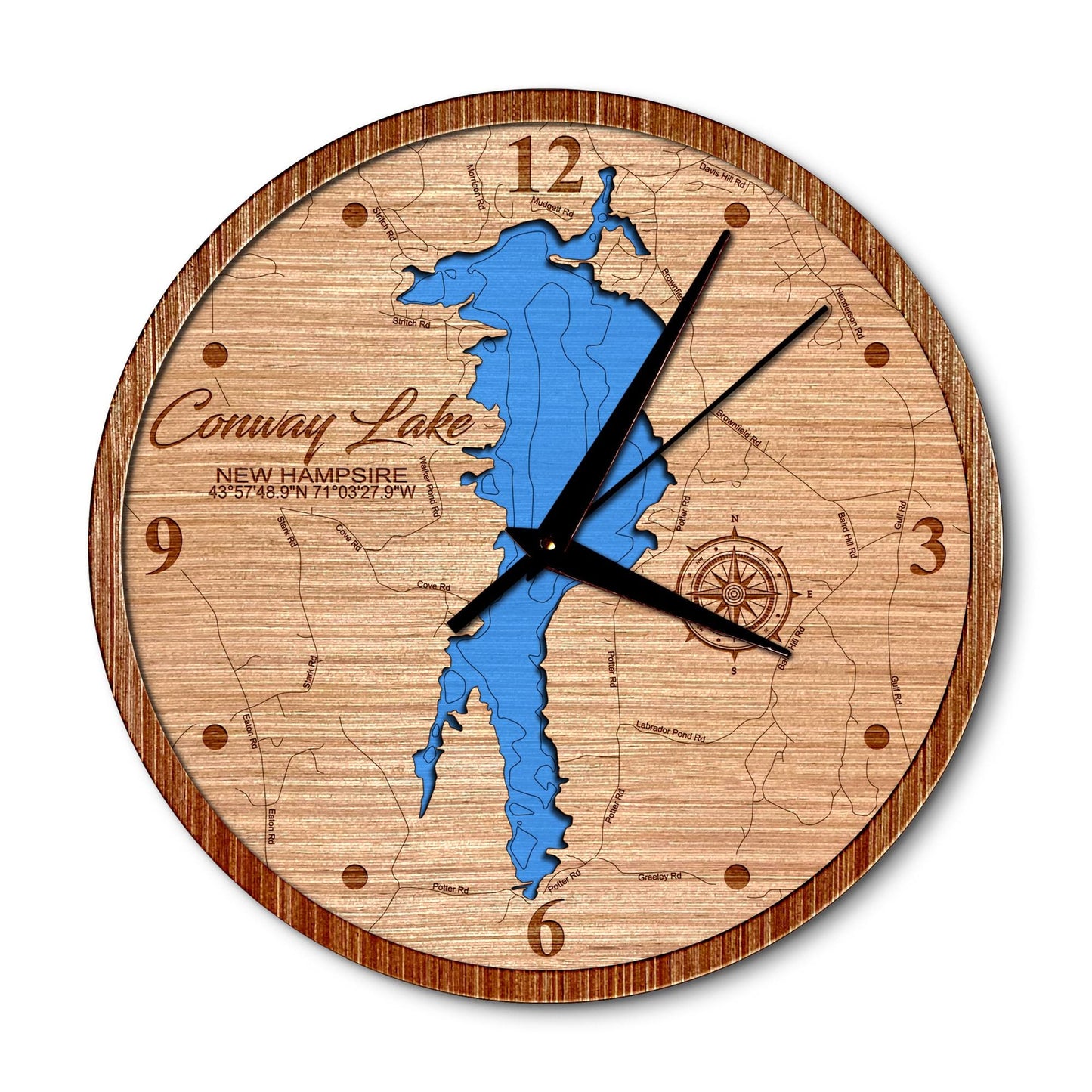 Conway Lake, New Hampshire 14in Layered Map Clock - Any Lake, Pond, or Reservoir - Unique Home Decor