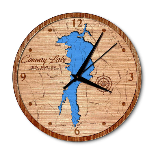 Conway Lake, New Hampshire 14in Layered Map Clock - Any Lake, Pond, or Reservoir - Unique Home Decor