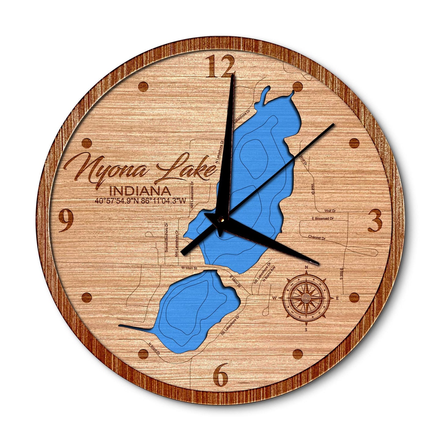 Nyona Lake, Indiana 14in Layered Map Clock - Any Lake, Pond, or Reservoir - Unique Home Decor