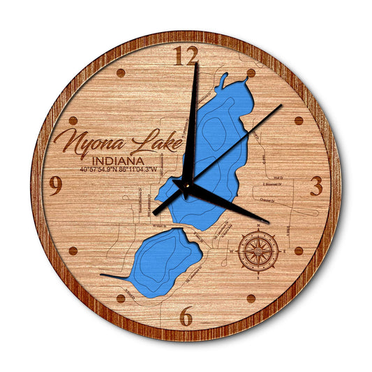 Nyona Lake, Indiana 14in Layered Map Clock - Any Lake, Pond, or Reservoir - Unique Home Decor