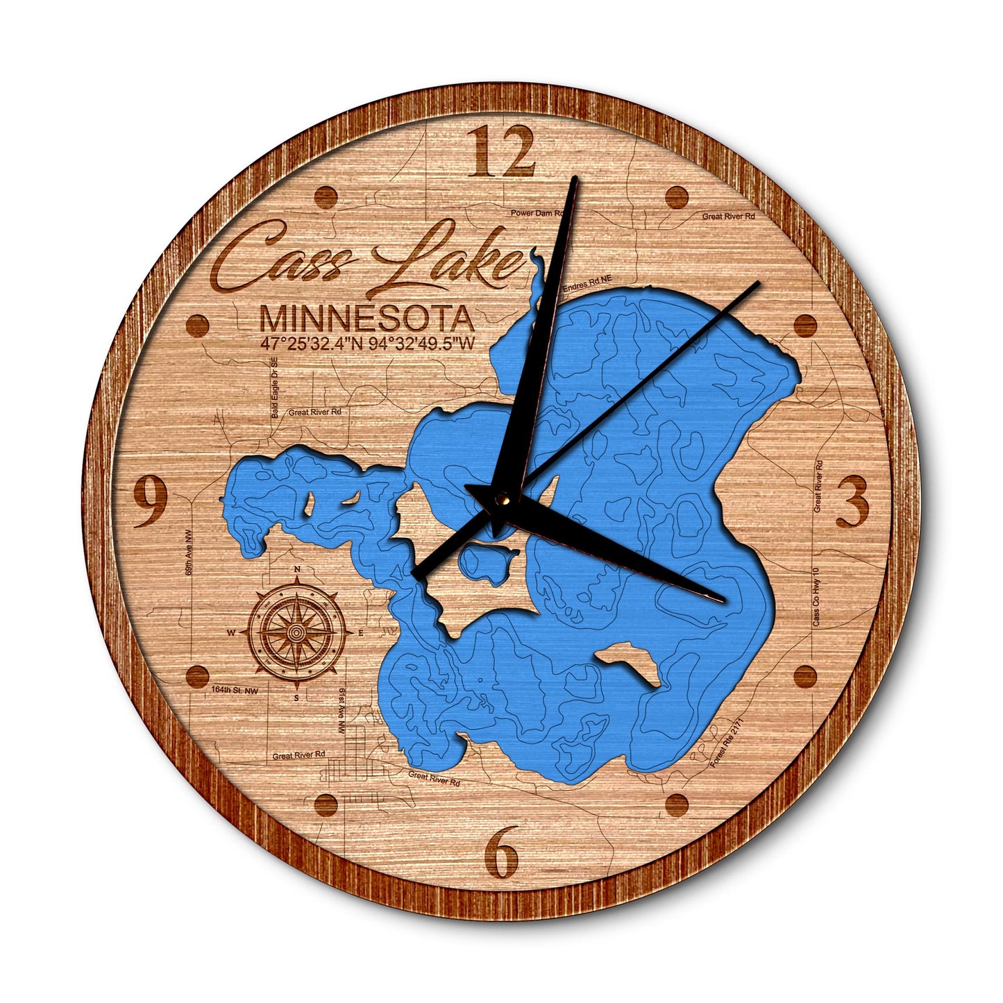 Cass Lake, Minnesota 14in Layered Map Clock - Any Lake, Pond, or Reservoir - Unique Home Decor