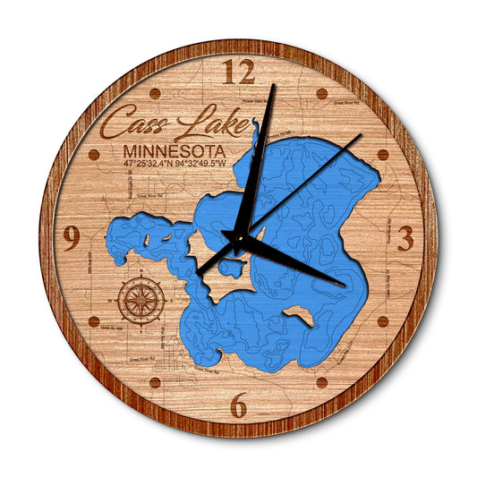 Cass Lake, Minnesota 14in Layered Map Clock - Any Lake, Pond, or Reservoir - Unique Home Decor