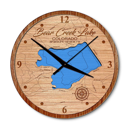Bear Creek Lake, Colorado 14in Layered Map Clock - Any Lake, Pond, or Reservoir - Unique Home Decor