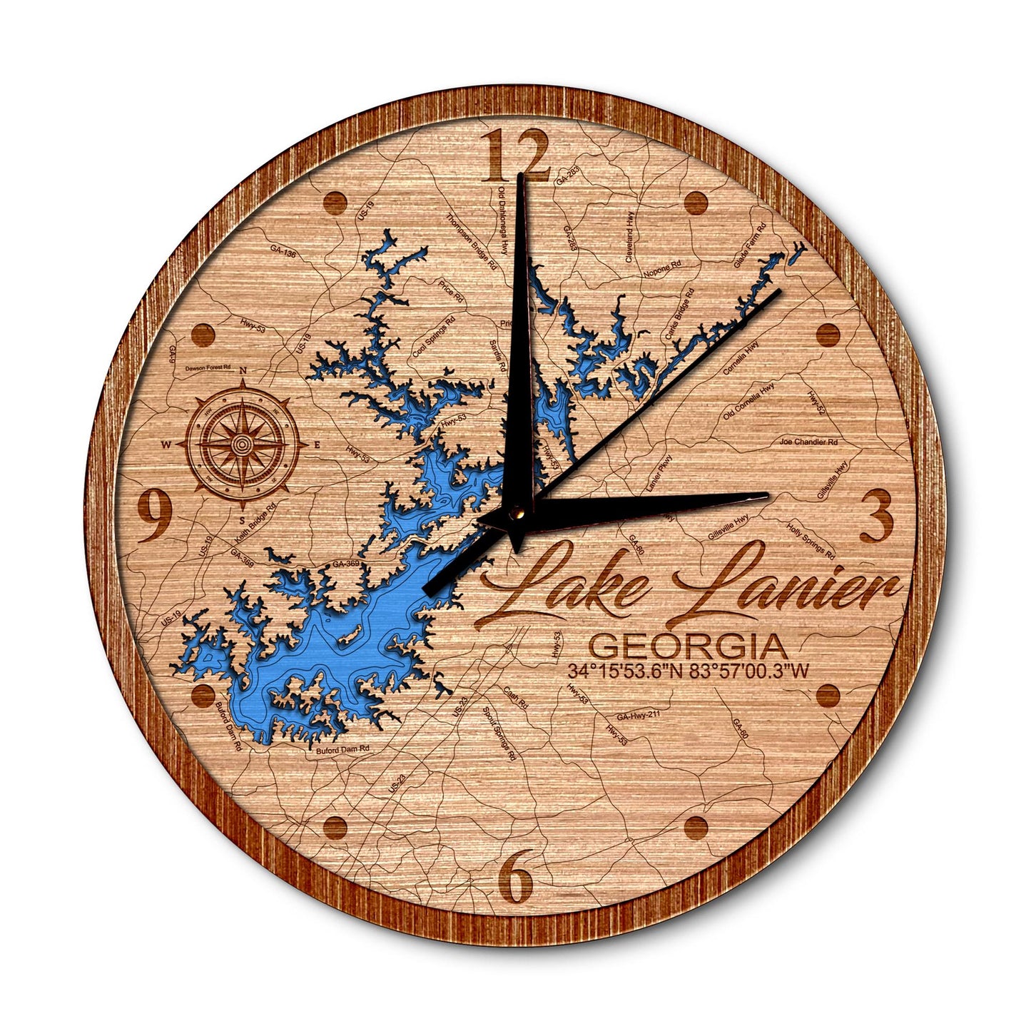 Lake Lanier, Georgia 14in Layered Map Clock - Any Lake, Pond, or Reservoir - Unique Home Decor
