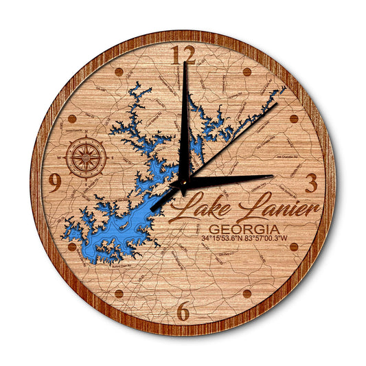 Lake Lanier, Georgia 14in Layered Map Clock - Any Lake, Pond, or Reservoir - Unique Home Decor