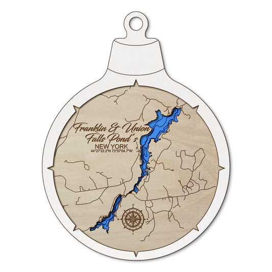 Franklin & Union Falls Pond, New York Custom 3D Layered Wood Lake Map Ornament | Handcrafted Bathymetric Art