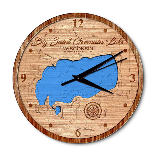 Big Saint Germain Lake, Wisconsin 14in Layered Map Clock - Any Lake, Pond, or Reservoir - Unique Home Decor