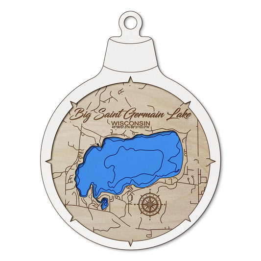 Big Saint Germain Lake, Wisconsin Custom 3D Layered Wood Lake Map Ornament | Handcrafted Bathymetric Art