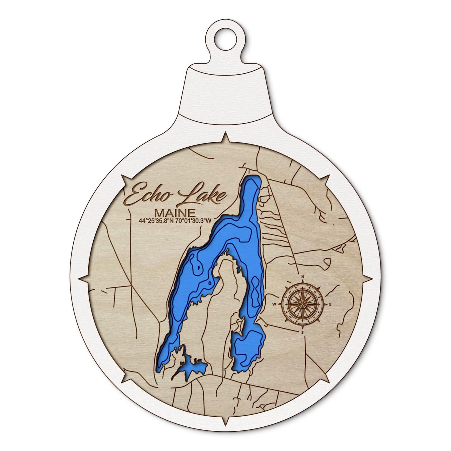 Echo Lake in Readfield, Maine Custom 3D Layered Wood Lake Map Ornament | Handcrafted Bathymetric Art