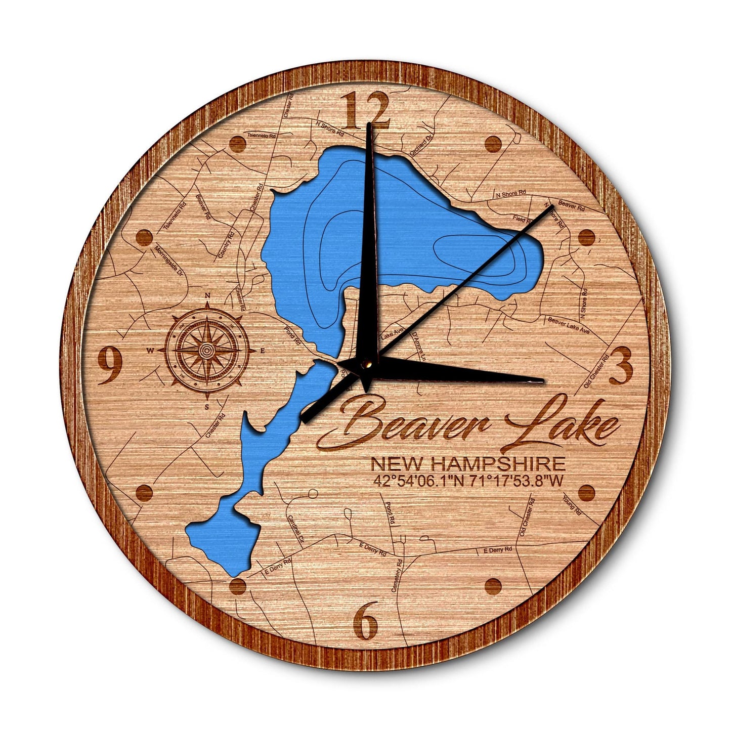 Beaver Lake in Derry, New Hampshire 14in Layered Map Clock - Any Lake, Pond, or Reservoir - Unique Home Decor