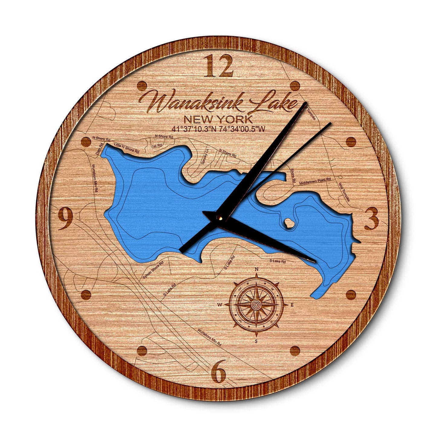 Wanaksink Lake, New York 14in Layered Map Clock - Any Lake, Pond, or Reservoir - Unique Home Decor