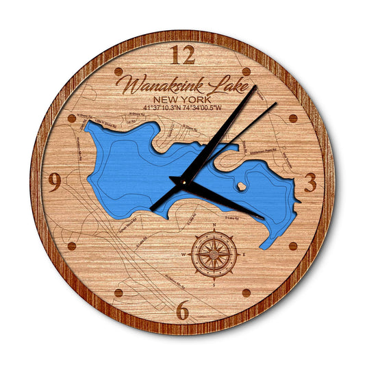 Wanaksink Lake, New York 14in Layered Map Clock - Any Lake, Pond, or Reservoir - Unique Home Decor