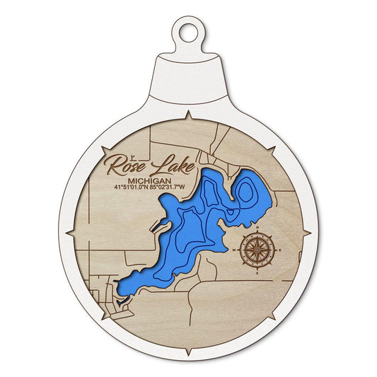 Rose Lake, Michigan Custom 3D Layered Wood Lake Map Ornament | Handcrafted Bathymetric Art