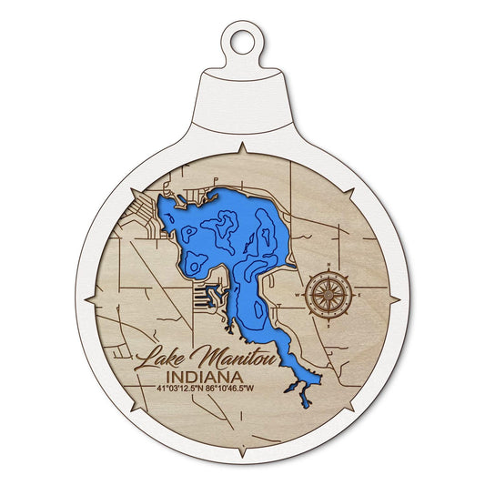 Lake Manitou, Indiana Custom 3D Layered Wood Lake Map Ornament | Handcrafted Bathymetric Art