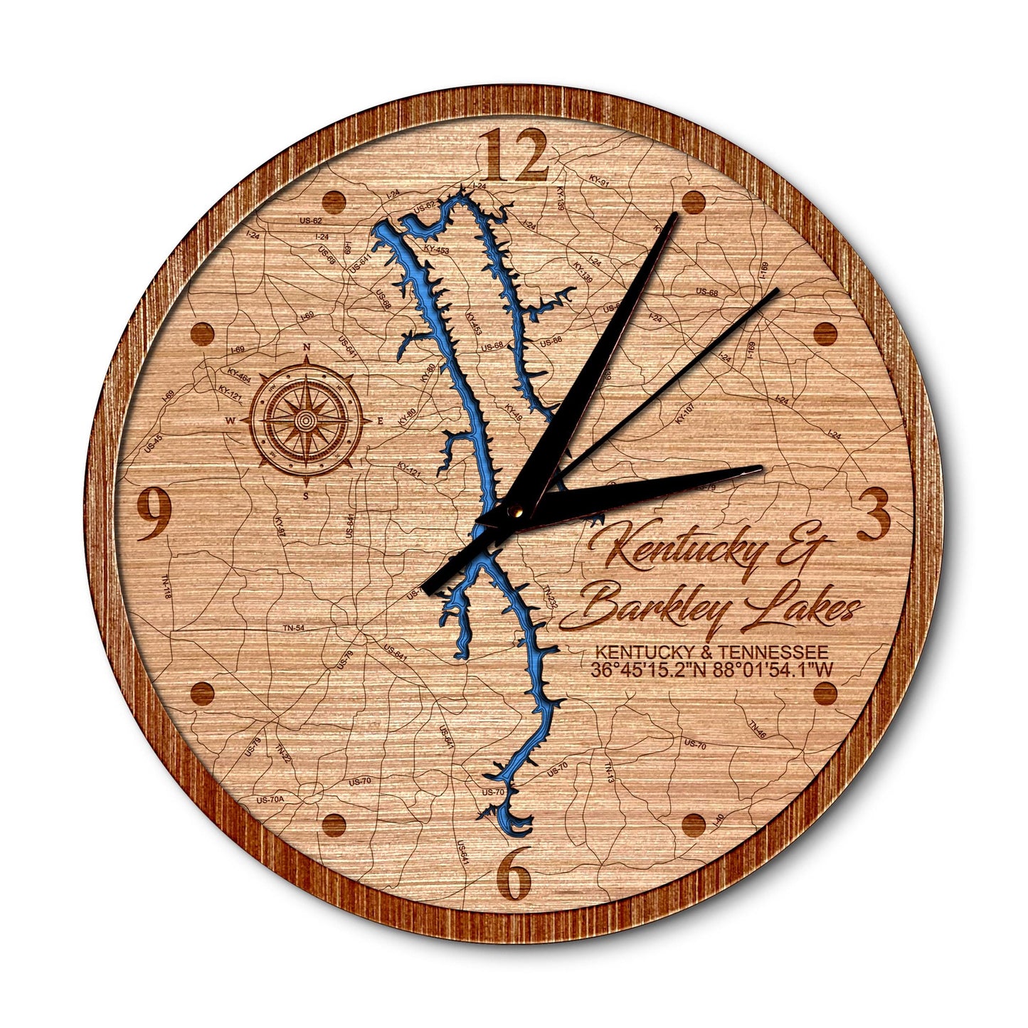 Kentucky & Barkley Lakes, Kentucky and Tennessee 14in Layered Map Clock - Any Lake, Pond, or Reservoir - Unique Home Decor