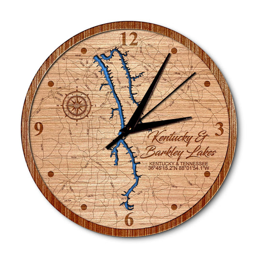 Kentucky & Barkley Lakes, Kentucky and Tennessee 14in Layered Map Clock - Any Lake, Pond, or Reservoir - Unique Home Decor
