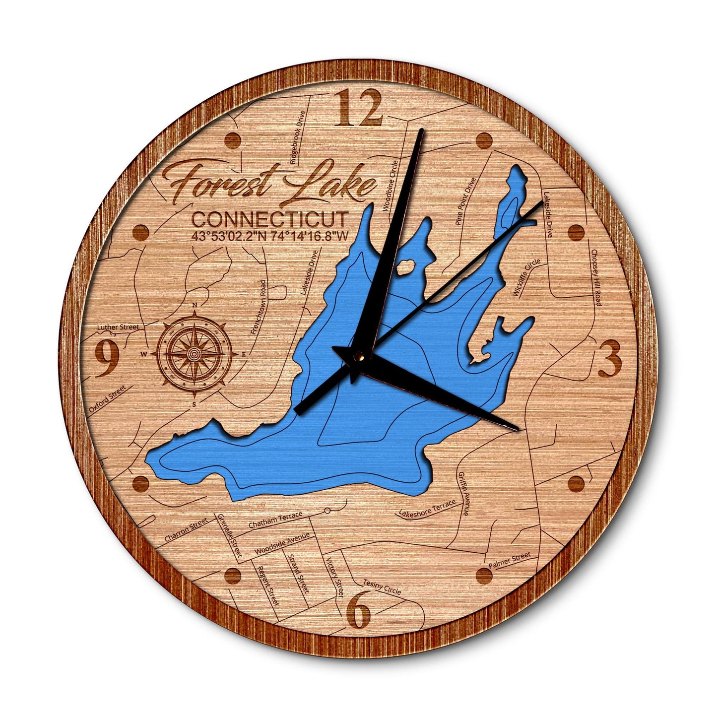 Forest Lake, Connecticut 14in Layered Map Clock - Any Lake, Pond, or Reservoir - Unique Home Decor