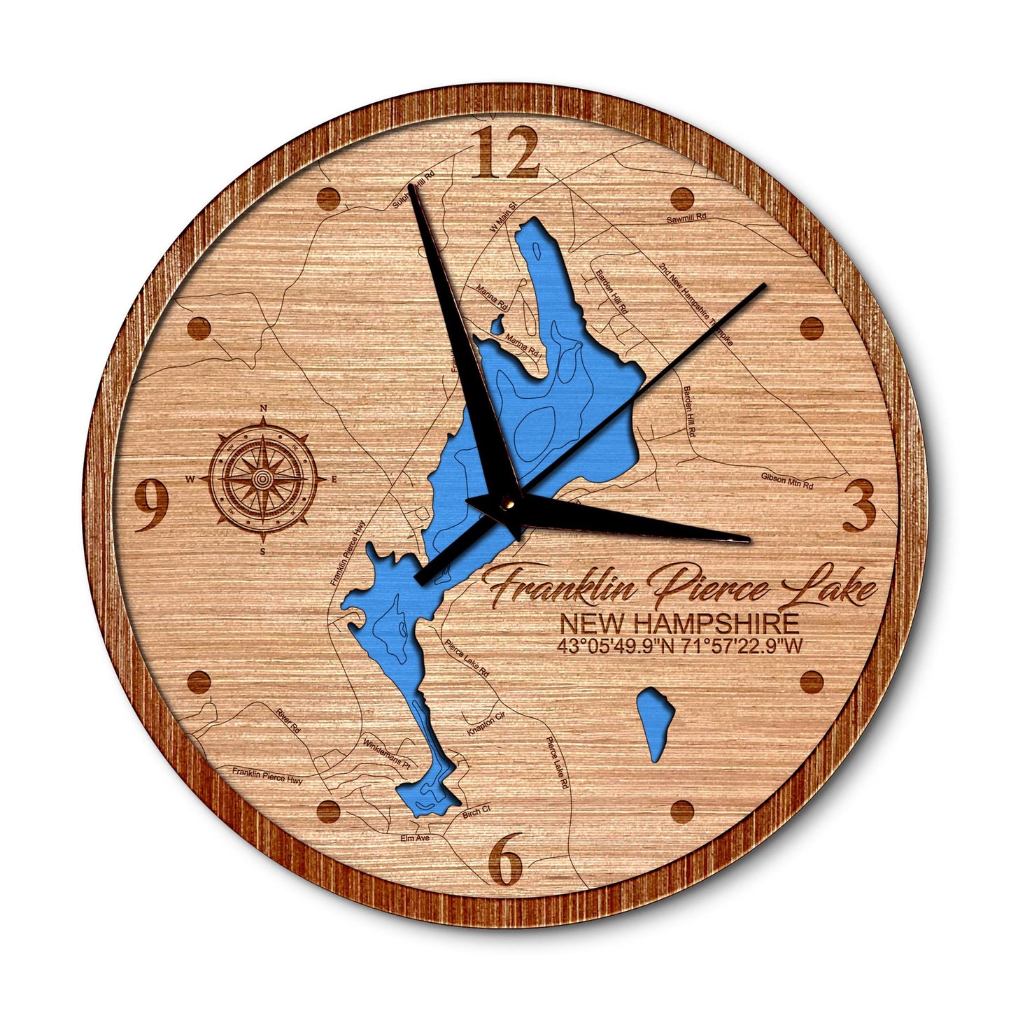 Franklin Pierce Lake, New Hampshire 14in Layered Map Clock - Any Lake, Pond, or Reservoir - Unique Home Decor