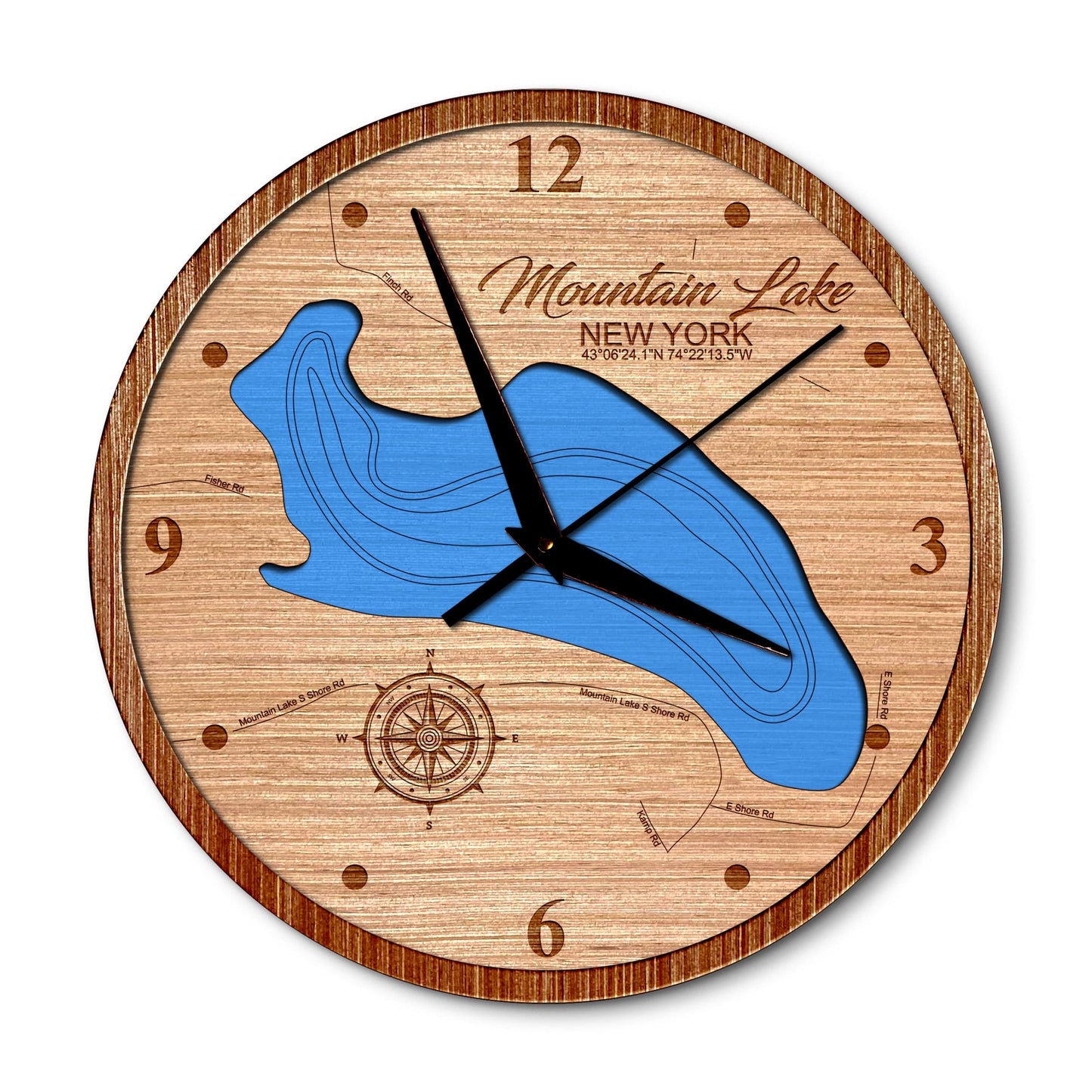 Mountain Lake in Gloversville New York 14in Layered Map Clock - Any Lake, Pond, or Reservoir - Unique Home Decor