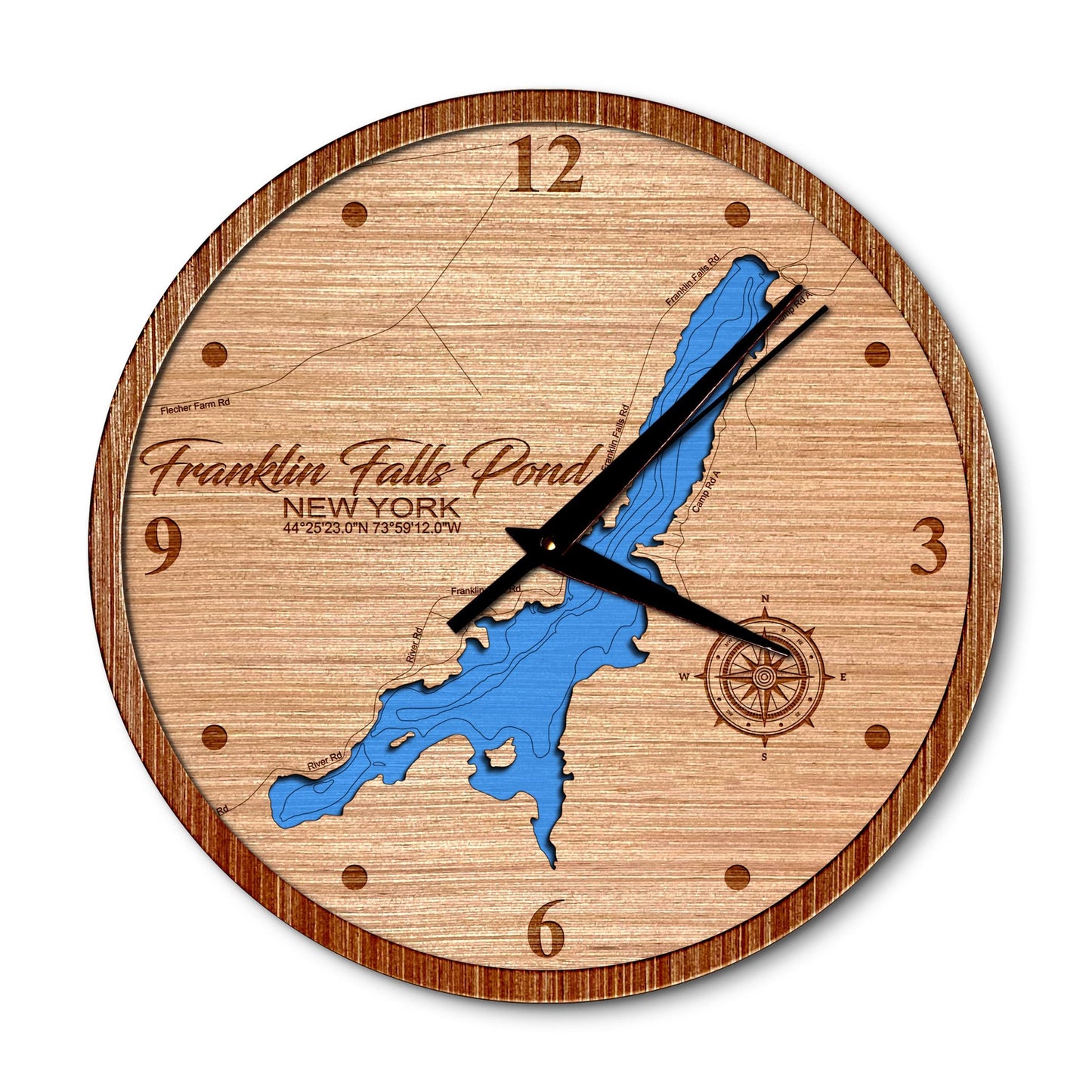 Franklin Falls Pond, New York 14in Layered Map Clock - Any Lake, Pond, or Reservoir - Unique Home Decor