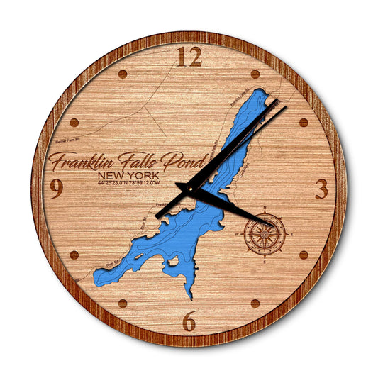 Franklin Falls Pond, New York 14in Layered Map Clock - Any Lake, Pond, or Reservoir - Unique Home Decor