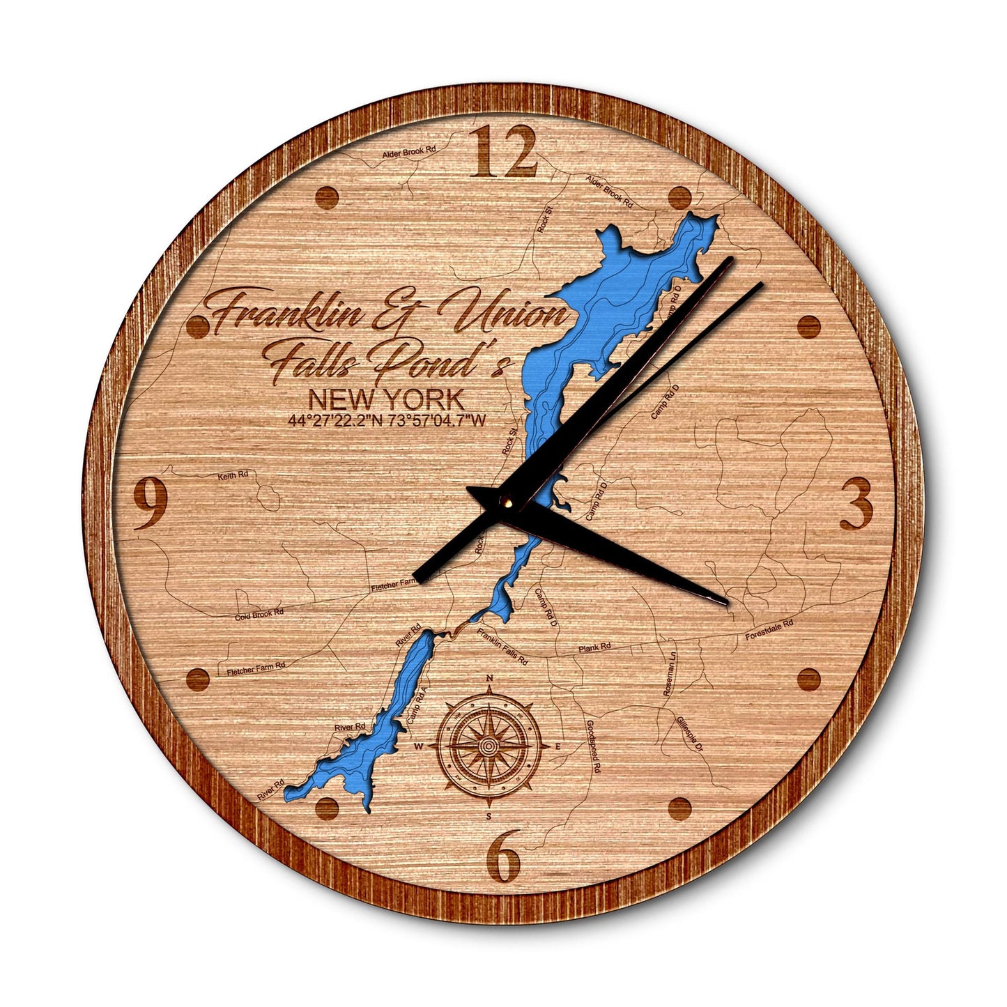 Franklin & Union Falls Pond, New York 14in Layered Map Clock - Any Lake, Pond, or Reservoir - Unique Home Decor