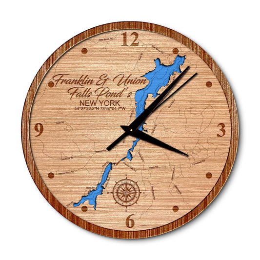 Franklin & Union Falls Pond, New York 14in Layered Map Clock - Any Lake, Pond, or Reservoir - Unique Home Decor